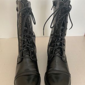 CATHY JEAN Combat Boots Mid Calf Black Side Zippers Functional Laces